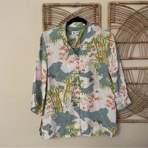 Naturally Petite Silk Blouse Top Tunic Asian Art To Wear Crane Floral Sz M B46